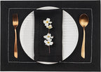 D'Moksha Homes Linen Placemats Set of 6 - Classic Hemstitch Black Placemats 14 x 19 Inch - 100% Pure Linen Table Mats for Winter, Holiday, New Year - Handcrafted and Machine Washable