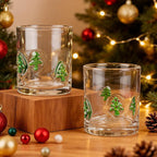 2 Pcs Handmade Christmas Tree Icon Juice Glass Cup, 14 oz Double Old Fashioned Stemless Wine Cocktail Drinking Glass Cup for Holiday Party Supplies Xmas Gifts