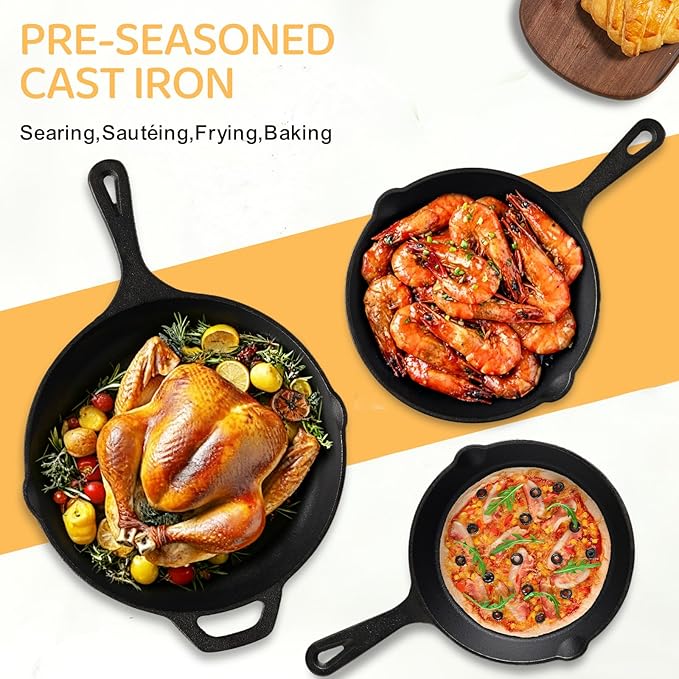 EWFEN Cast Iron Skillet 3-Piece Set, Heavy-Duty Professional Restaurant Chef Quality Pre-Seasoned Pan Cookware Set, 6", 8", 10" Pans For Frying, Saute, Cooking, Use Indoor/Outdoor, Oven, Grill