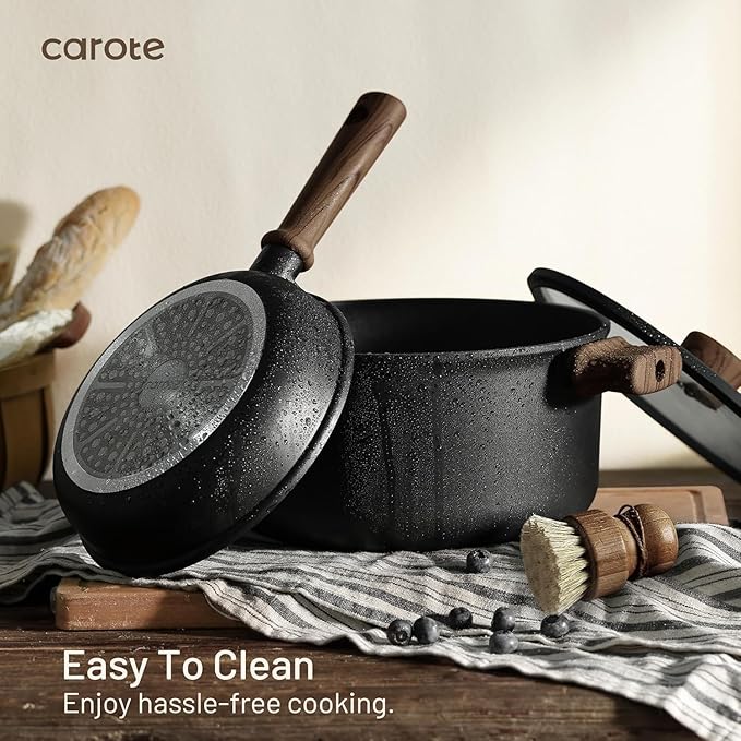 CAROTE 24Pcs Nonstick Kitchen Titanium Cookware Sets, Non stick Pots and Pans set, Induction Cookware Set Black