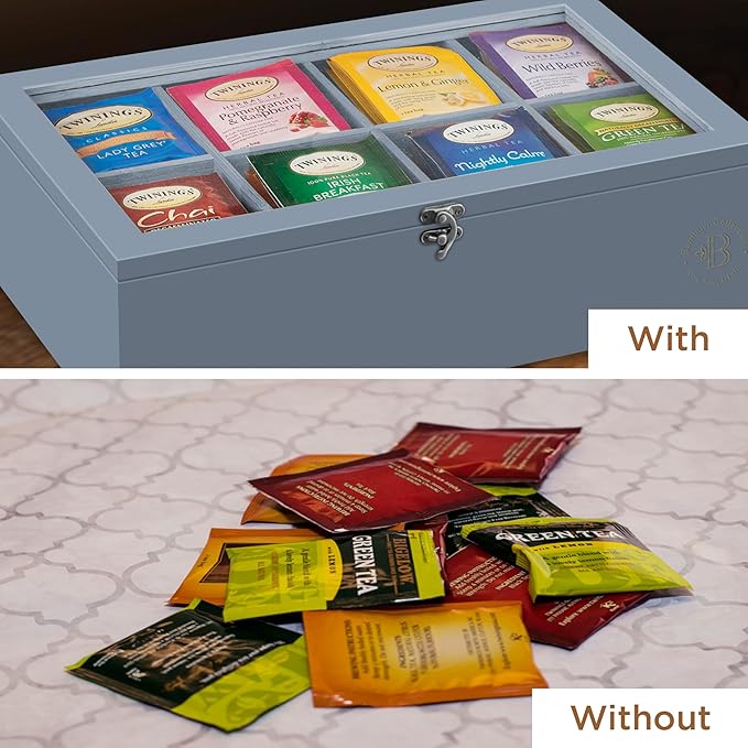 Tea Bag Organizer - Grey Bamboo Tea Box Organizer Storage Box, Tea Bag Holder with Acrylic Window, Magnetic Lid Keeps Tea Bags Fresh - Tea Organizer Caddy (Tea Not Included) Christmas Gift - Gray