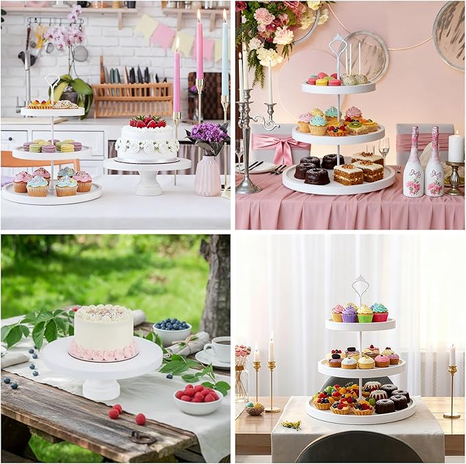 7 Pcs Wood Dessert Table Display Set Wooden 3 Tie Cupcake Stands Rustic Round Cake Stand Wood Dessert Serving Trays for Party Baby Shower Wedding Birthday (White)