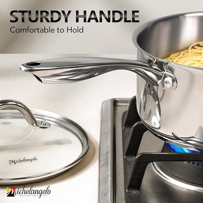 MICHELANGELO Saucepan Set 6pc with Steamer Insert, 18/10 Stainless Steel Sauce Pans with Lids, Tri-Ply Bottom Sauce Pots, Induction Compatible, 1QT & 2QT & 3QT