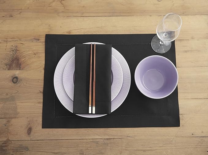 Solino Home Black Placemats Set of 6 - Cotton Linen Hemstitch Placemats 14 x 19 Inch for Winter, Holiday, New Year