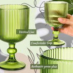 Reallnaive Green Glass Goblets Set of 8, 13 oz Vintage Goblet Glassware Decorative Wine Glasses, Cute Water Drinking Cups, Vertical Line Embossed Pattern Drinkware Cocktail Set for Xmas Gifts