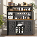 Farmhouse Coffee Bar Cabinet with 3 Tier Storage Hutch, 47'' Coffee Bar Station with Sliding Barn Door, Hutch Storage Cabinet with 9 Wine Racks & 9 Hooks for Kitchen Dining Living Room