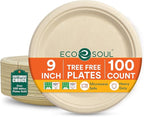 ECO SOUL Compostable 9 Inch(100-Pack) Biodegradable Heavy-Duty Disposable Eco-Friendly Paper Plates for Christmas Dinner & Parties, Wedding, Event
