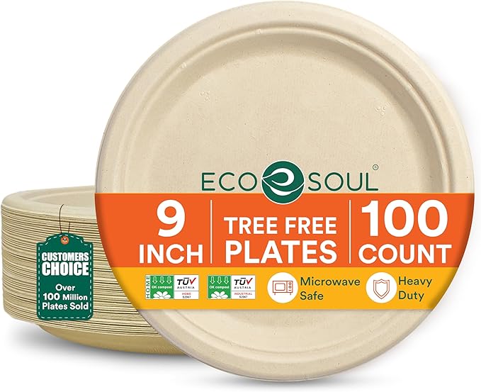 ECO SOUL Compostable 9 Inch(100-Pack) Biodegradable Heavy-Duty Disposable Eco-Friendly Paper Plates for Christmas Dinner & Parties, Wedding, Event