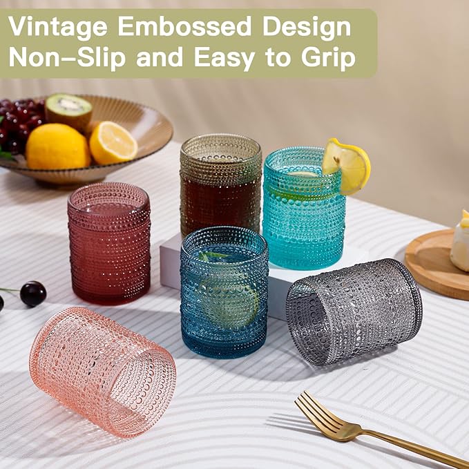 JOVGANK Colored Vintage Hobnail Drinking Glasses Set of 6, Embossed Water Tumbler 12oz, Kitchen & Bar Beaded Glass Cups, Beverage Glass Cups for Water, Beer, Juice, Housewarming and Mother's Day Gift