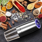Gravity Electric Salt and Pepper Grinder Set, Adjustable Coarseness, Automatic Shakers Mill Grinder with LED Light, Upgraded Larger Capacity, One Hand Operated (Sliver 2 Pack)