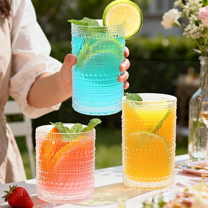 Hobnail Drinking Glasses Set of 12,12 oz Highball Glasses & 10 oz Cocktail Glasses,Clear Embossed Glass Cups,Kitchen Water Glass Cup,Bar Tumbler Glassware Set for Whiskey, Beer, Cocktail, Juice, Milk