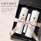 Wooden Salt and Pepper Grinder Set – Refillable Manual Salt and Pepper Mills with Adjustable Ceramic Burrs, Gold Detailing, and Wood Stand – White