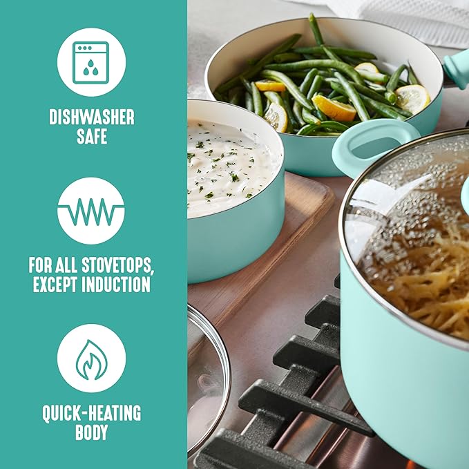 GreenLife 2.5QT Nonstick Saucepan with Glass Lid, Soft Grip, PFAS-Free Ceramic, Multipurpose Chef Pan, Milk & Sauce Cooking Pot, Dishwasher & Oven Safe to 350˚F, Stay-Cool Handle, Turquoise
