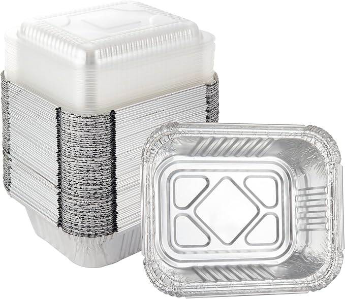Waytiffer Aluminum Foil Pan 5.5" x 4.5" (50 Pack) Disposable Cookware with Lids/Aluminum Foil Food Containers/Meal Prep Freezer Drip Pans BBQ Potluck Holidays Silver