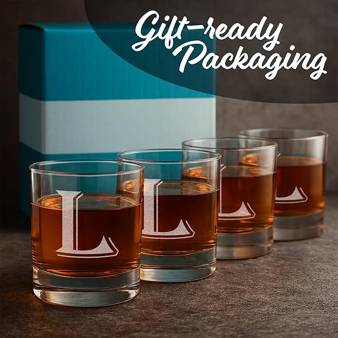 On The Rox (L-Monogram)- 4 Piece Set of 11 Ounce Engraved Heavy Base Rocks Glasses Elegant Glass-Multi-Purpose Beverage-Rocks Glass- Gift for any Occasion