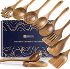 Wooden Spoons for Cooking, Nonstick Cooking Utensil Set with 9 Piece Acacia Wooden Spatulas and Spoons, as well as a Extra Whole Wood Spoon Rest, Terrific for Everyday Kitchen Tasks