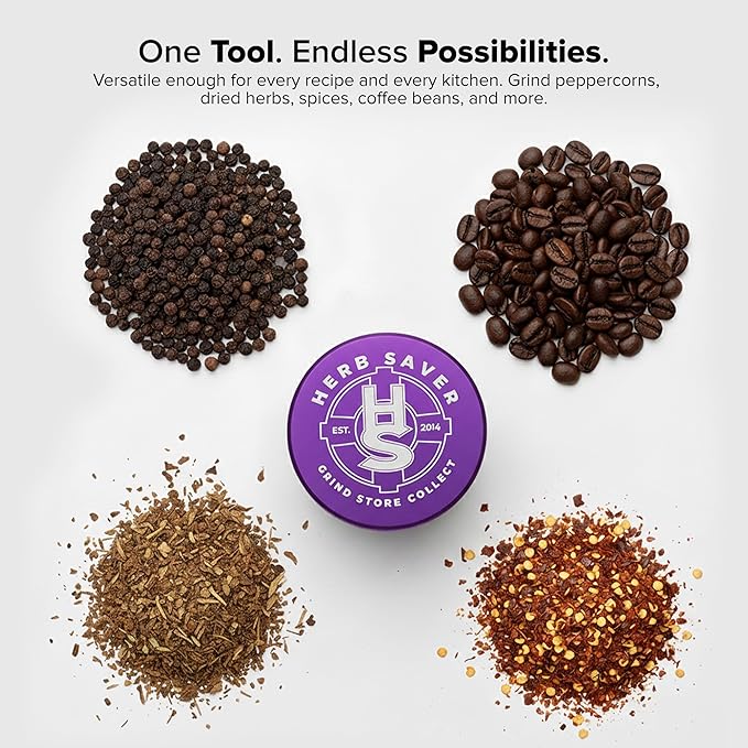 HerbSaver 2.5 Inch Aluminum Spice Grinder – Manual Kitchen Grinder with Sharp Teeth, Magnetic Lid, Matte Finish for Pepper, Salt and Seasonings (Purple)