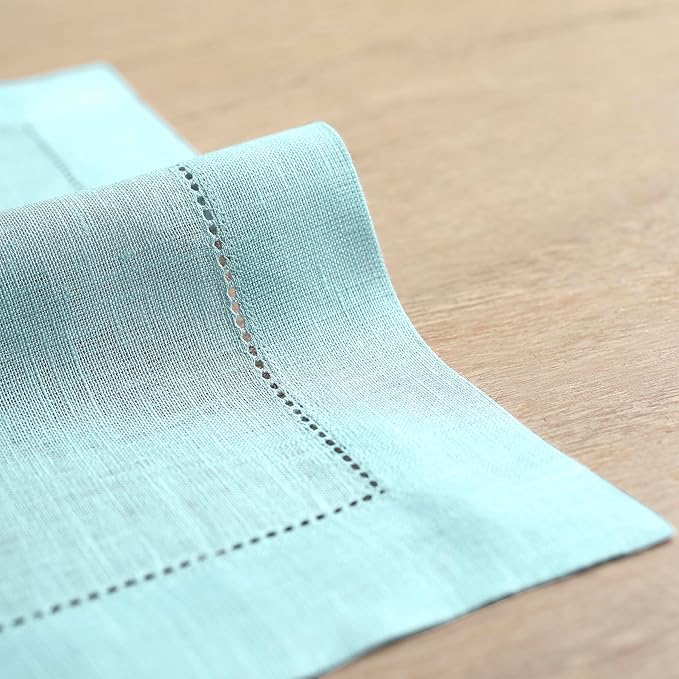 Solino Home Aqua Blue Linen Napkins Set of 4-100% Pure Linen Hemstitch Dinner Napkins 20 x 20 Inch for Winter - Classic Hemstitch