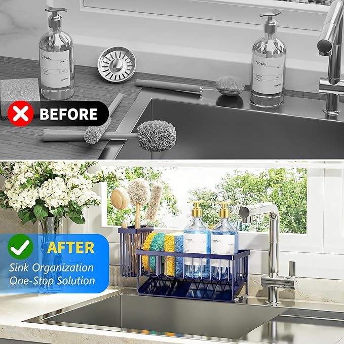 Cisily Navy Blue Sink Caddy Organzier with High Brush Holder, Sponge Holder for Sink, 304 Rustproof Stainless, Kitchen Countertop Soap Dispenser Organizer, Gray Blue Kitchen Decor and Accessories