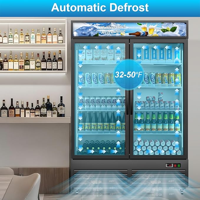 Commercial Beverage Refrigerator with 2 Glass Door, 41.3 Cu.Ft Display Fridge Beverage Cooler with Customizable Lightbox Adjustable Shelves, Drink Fridge Merchandiser for Restaurant Shop, Black