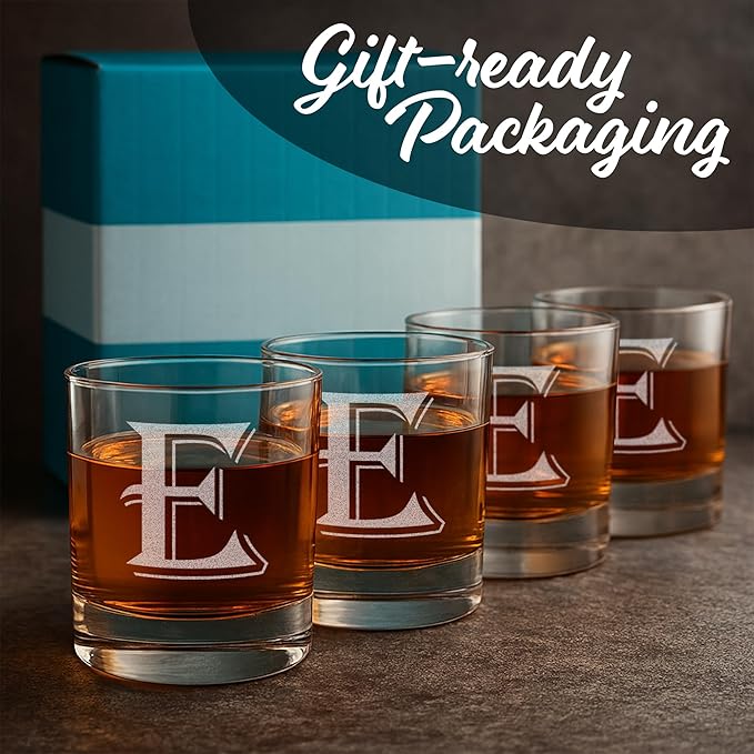 On The Rox (E-Monogram)- 4 Piece Set of 11 Ounce Engraved Heavy Base Rocks Glasses Elegant Glass-Multi-Purpose Beverage-Rocks Glass- Gift for any Occasion