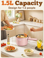 Topwit Hot Pot Electric with Steamer, 1.5L Ramen Cooker, Non-Stick Sauté Pan, Portable Cooking Pot, Electric Cooker with Dual Power Control, BPA Free, Over-Heating & Boil Dry Protection, Pink