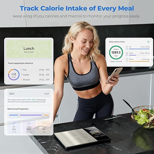 Smart Nutrition Food Scale - Digital Kitchen Scale with Nutritional Calculator App,Tare Function,Track Calories &24 Nutrients,11lb, Grams/Ounces, Healthy Eating & Meal Prep