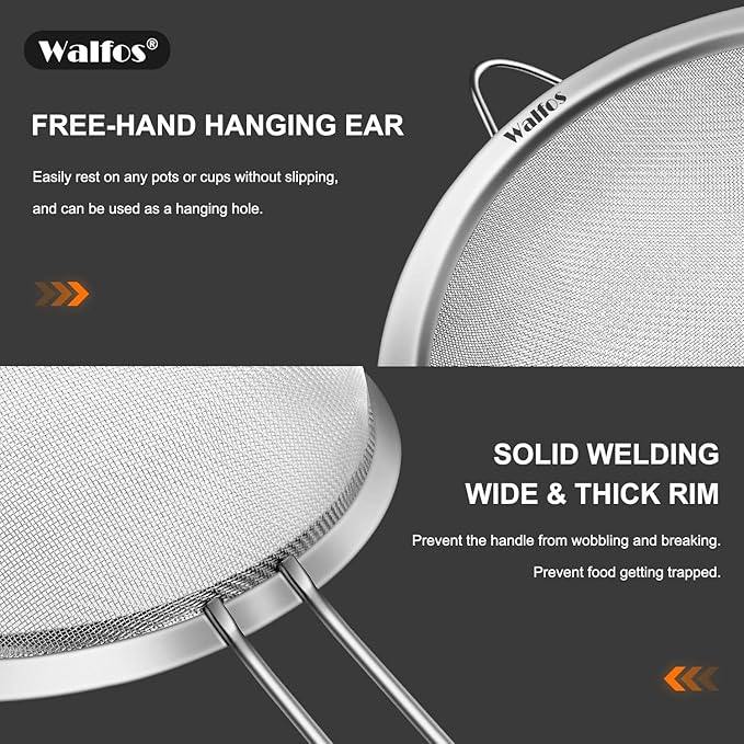 Walfos Fine Mesh Strainers Set, Premium Stainless Steel Colanders and Sifters, with Reinforced Frame Sturdy Handle, Perfect for Sift, Strain, Drain Rinse Vegetables, Pastas Tea - 3 Sizes