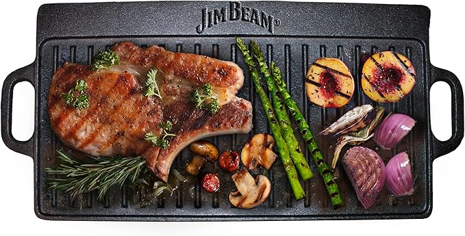 Jim Beam Pre Seasoned Heavy Duty Construction Double Sided Cast Iron Griddle Pan with Superior Heat Retention, 20"x1"x9", Black (JB0168)