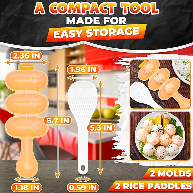 Rice Ball Mold Set – 2 Pack Easy Rice Ball Maker Mold, Sushi & Onigiri Maker with Paddle Spoon for Temari Sushi, Yaki-Onigiri, Omusubi – Three-Ball Molds for Bento, Snacks & Creative Meal Presentation