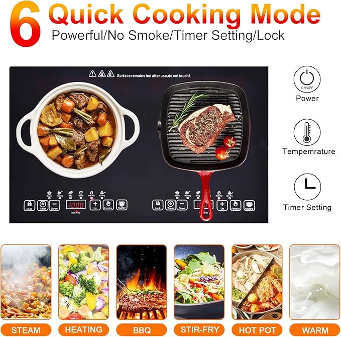 24 inch 2 Burners Electric Cooktop 110V Ceramic Electric Stove with 2 Cooktops 2200W Ajustable portable Electric Cooktop for Cooking(2 Burner Countertop)