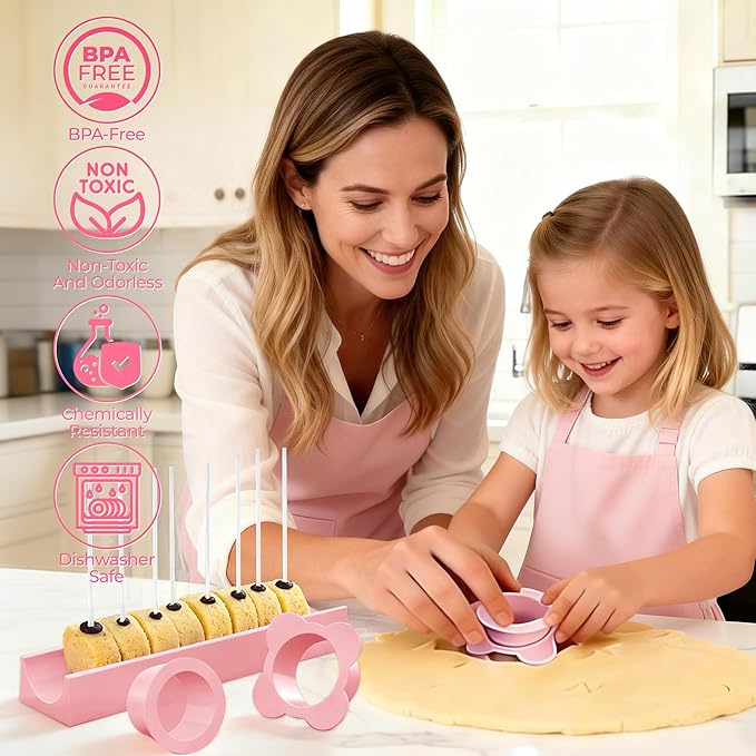 Round Cake Pop Mold Set with 50PCS Sticks Bags Ties,1.75 Inch Cake Pop Cutter and Pusher,Dishwasher Safe Baking Molds for Birthday Wedding Kids Party Desserts-Pink