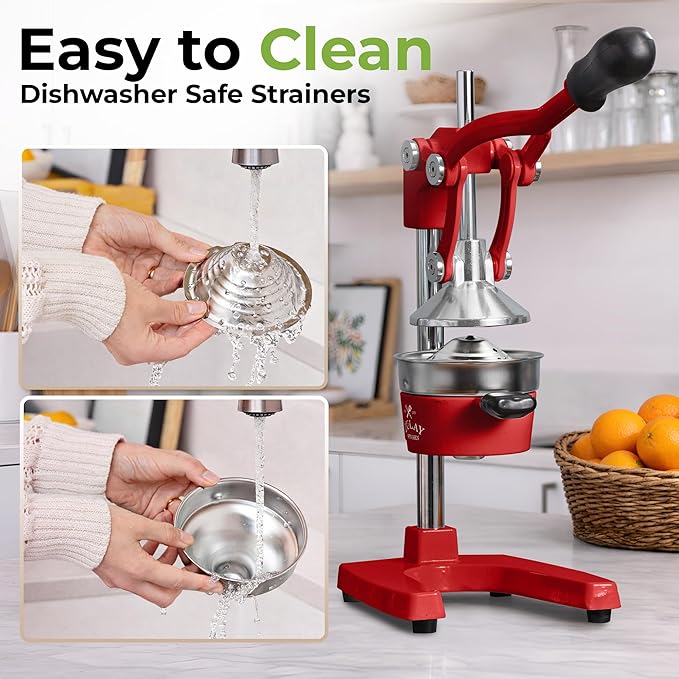 Zulay Kitchen Cast Iron Juicer - Easy-to-Clean Heavy-Duty Manual Juicer, Professional Citrus Juicer - Stainless Steel Lemon Squeezer - Manual Citrus Press & Orange Squeezer - Orange Juicer - Deep Red
