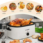 26Qt Turkey Roaster Oven Buffet with Self-Basting Lid, 1450W Stainless Steel Electric Roaster Oven with Cool-Touch Handles, Removable Pan and Rack, White