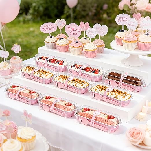 NPLUX 50 PACK Mini Cake Pans with Lids and Spoons,Rectangular Aluminum Foil Bread Pan,Mini Loaf Pans and Food Containers with Lids(Pink,6.8oz)