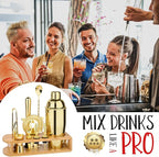 Cocktail Shaker Set Bartender Kit : 12-Piece Bar Tool Set with Bamboo Stand | Bars Set with All Practical Bar Accessories, for Drink Mixing, Bar, Home, Lounge & Party (Gold)