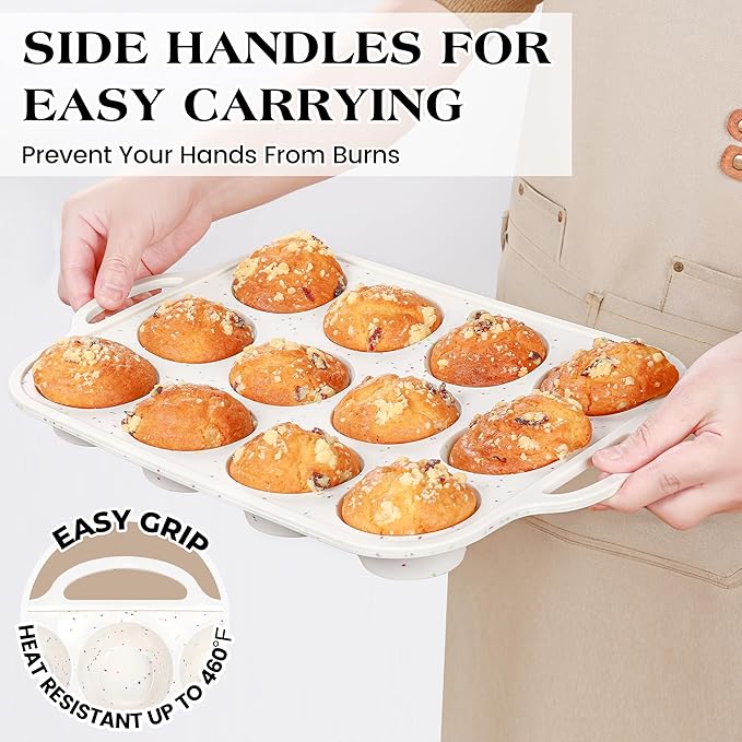 2 Pcs Silicone Muffin Pan for Baking with Metal Frame, Nonstick 12 Cup Regular Size Cupcake Pan, Silicone Muffin Tray for Egg Bites (Cream)