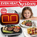 SugarWhisk Family-sized Contact Grill, 6-Serving Electric Indoor Grill with Adjustable Temp Control, Ceramic Coating, 1500W, Graphite