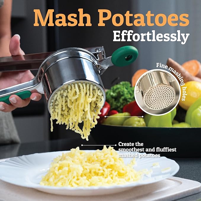 PriorityChef Large 15oz Potato Ricer, Heavy Duty Stainless Steel Potato Masher and Ricer Kitchen Tool, Press and Mash Kitchen Gadget For Perfect Mashed Potatoes - Everytime, Green