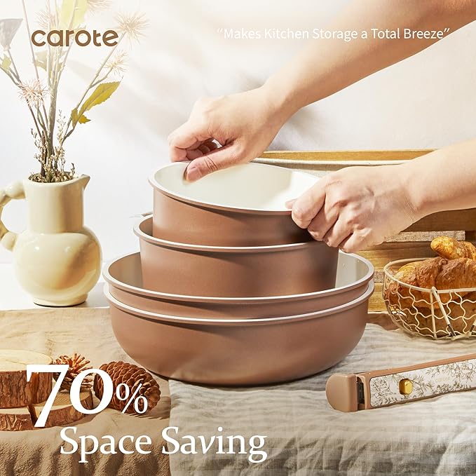 CAROTE 25-Piece Ceramic Cookware Set, Nonstick Pots and Pans Set with Detachable Handle, Non-Toxic Kitchen Cooking Set, Dishwasher & Oven Safe, Induction Compatible, PFAS Free, Chocolate