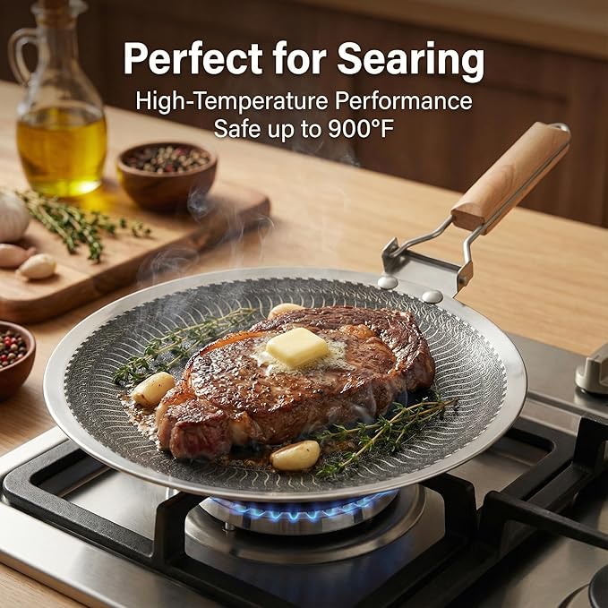 Nonstick Stainless Steel Cookware, 12-Inch Round Griddle Pan with PFAS-Free PURELYSEAR Ceramic Technology, Scratch Proof, Cool Grip Handles, Dishwasher Safe