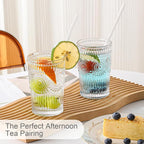 ZMOWIPDL Vintage Glassware Drinking Glasses Set of 6,13 oz Clear Textured Flower Design Glass Water Tumblers，Embossed Striped Drinkware for Water,Cocktails,Juice,Iced Coffee
