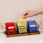 HTB Tea Organizer for Tea Bags, Tea Bag Holder with Acacia Wood Stand and 3 Removable Metal Basket for Sugar Packets, Sweeteners, Creamers for Cabinet, Countertop