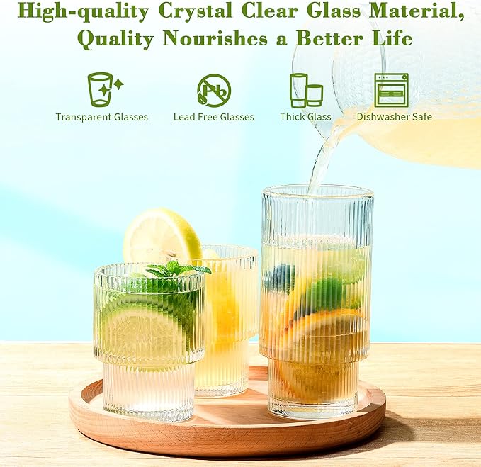ISMASOAN Small Ribbed Glassware Set of 12, Glass Cups 12 oz and 7 oz, Fluted Glassware, Stackable Glasses, Cups for Kitchen, Gift Box Set