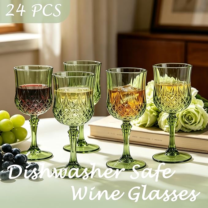 Plastic Wine Glasses, Plastic Goblets Vintage Style Cordial Unbreakable Drinking Glasses, Reusable Drinkware for Wedding Reception, Grand Event Party Supplies (24, New Green)