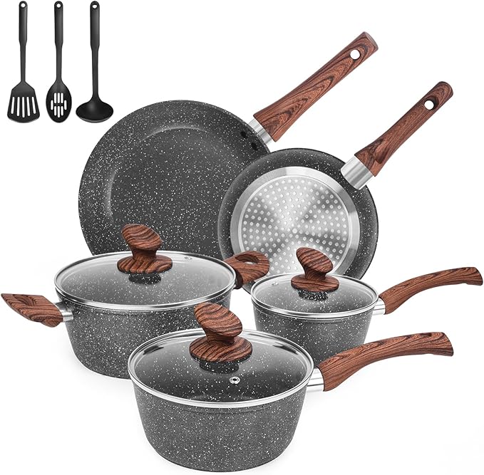 M MELENTA Granite Pots and Pans Set Non Stick, 11 Piece Die-Cast Induction Cookware Set, Nonstick Kitchen Cooking Set w/Frying Pans & Saucepans, PFOA Free