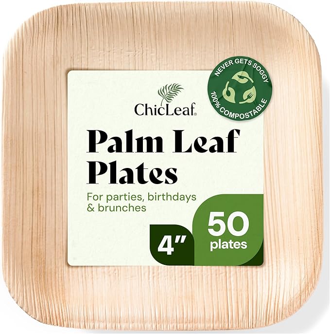 Chic Leaf Compostable & Biodegradable Palm Leaf Disposable Bamboo Plates - Disposable Party Plates for Appetizers, Christmas Dinner, Holiday Meal, Turkey - Party Supplies (4'' - 50 Pack)