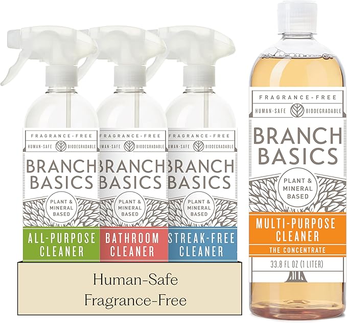 Branch Basics Cleaning Essentials Kit: All Purpose, Glass and Bathroom Cleaner - Concentrate (33.8 Oz) (17 Refills) + Refillable Plastic Spray Bottles (24 Oz) Plant Based, Human-Safe, & Fragrance Free