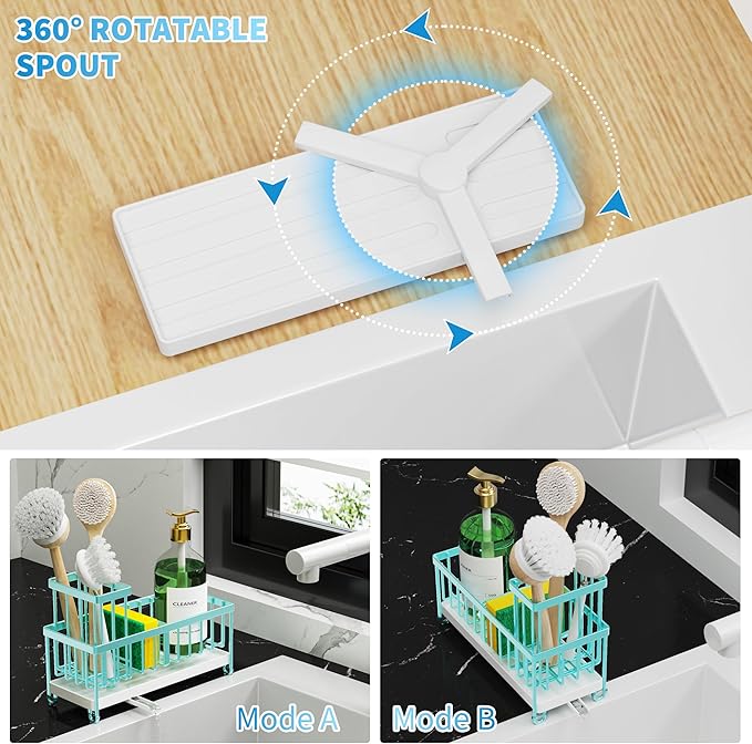 Cisily Sponge Holder for Kitchen Sink, Sink Caddy Organizer with High Brush Holder, Kitchen Countertop Organizers and Storage Essentials, 304 Stainless Steel, Teal Kitchen Decor (Turquoise, 9.25″)