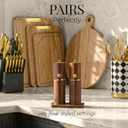Wooden Salt and Pepper Grinder Set – Refillable Manual Salt and Pepper Mills with Adjustable Ceramic Burrs, Gold Detailing, and Wood Stand – Dark Wood